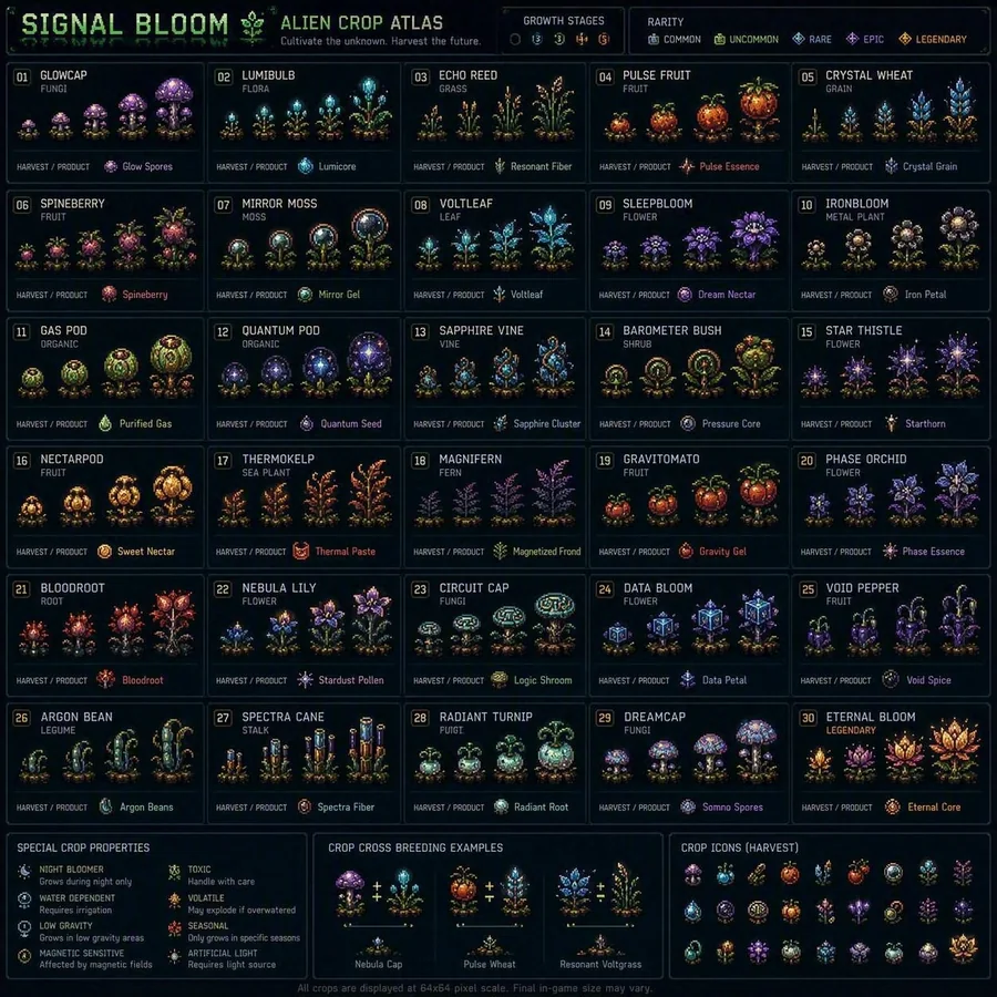 Concept atlas of colorful alien crops with multiple growth stages