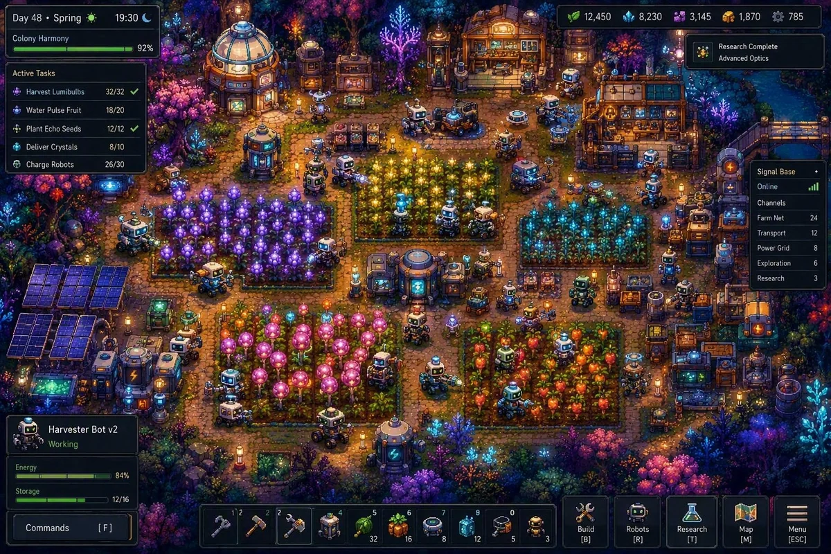 Concept art of a busy night-time colony with robots tending bioluminescent crop fields